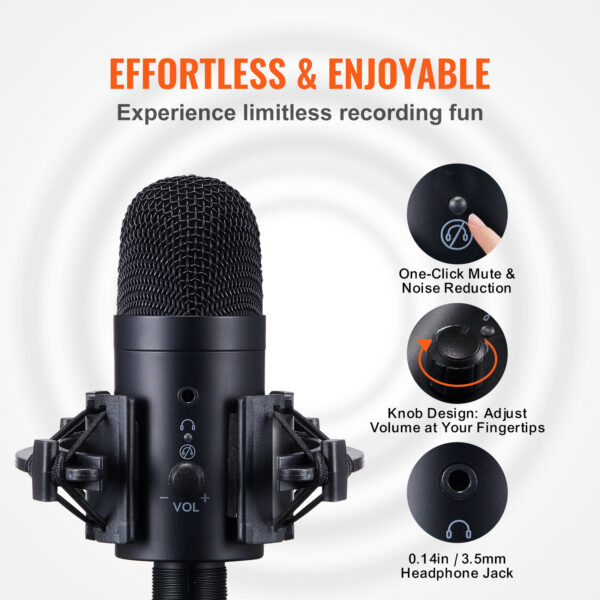 VEVOR USB Microphone, 192kHz 24-bit, Professional Condenser Microphone Kit, With Boom Arm Stand Filter Shock Mount Mute Button Headphones Jack, For Podcast Recording Video Gaming Singing Streaming - Image 8