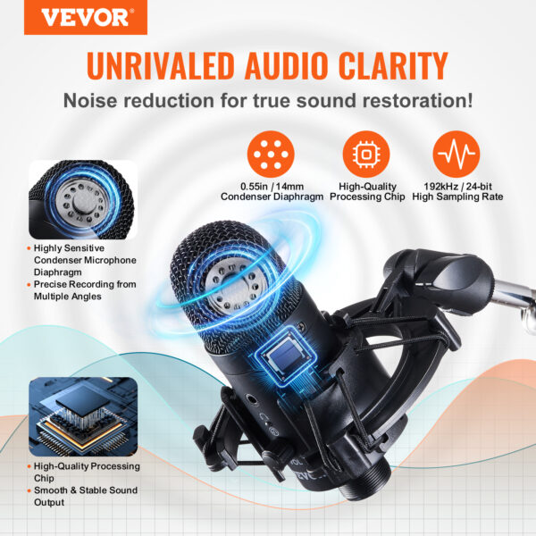 VEVOR USB Microphone, 192kHz 24-bit, Professional Condenser Microphone Kit, With Boom Arm Stand Filter Shock Mount Mute Button Headphones Jack, For Podcast Recording Video Gaming Singing Streaming - Image 3