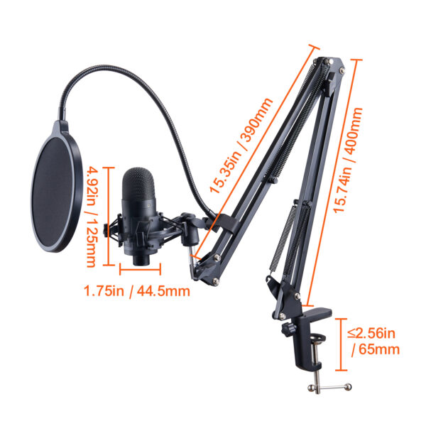 VEVOR USB Microphone, 192kHz 24-bit, Professional Condenser Microphone Kit, With Boom Arm Stand Filter Shock Mount Mute Button Headphones Jack, For Podcast Recording Video Gaming Singing Streaming - Image 5